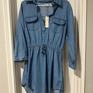 Blue Long Sleeve Notched Collar Shirt Dress